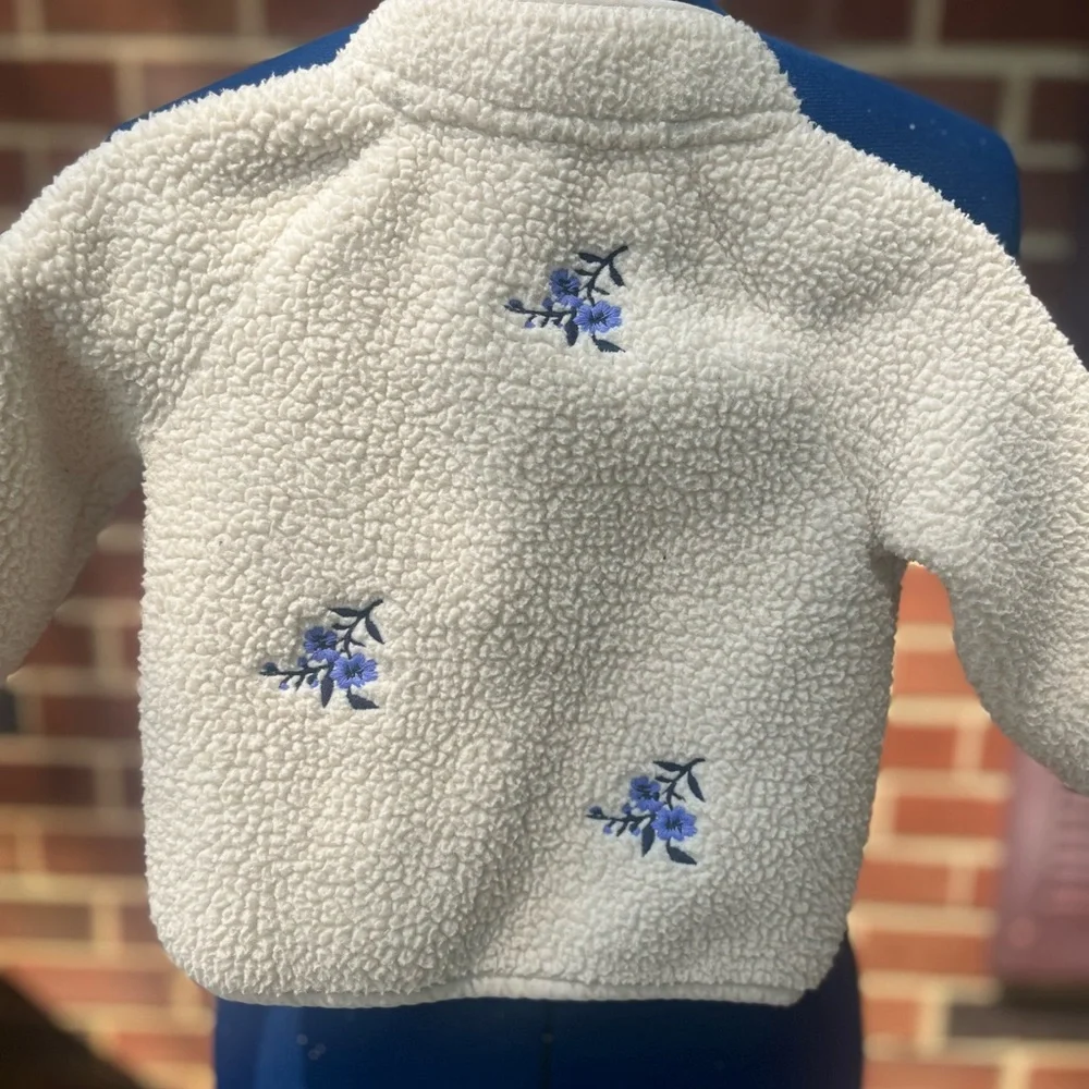 Old Navy Cream Sherpa Jacket with Blue Floral Embroidery